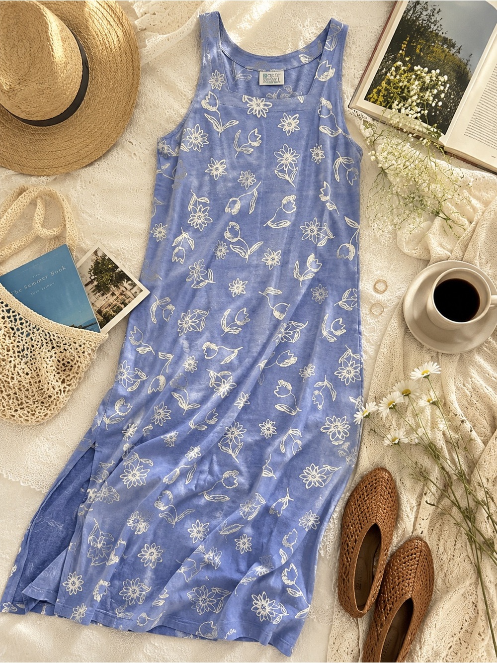 Vintage Fresh Produce Blue Floral Midi Dress Cottagecore M